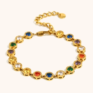 18K gold plated stainless steel bracelet featuring vibrant multi-color zircon stones