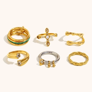 Anelli in Acciaio Inossidabile Placcato Oro 18K Vintage per Donna Zirconia Perla Artificial Ape Margherita Croce Stella Anelli Aperti Regolabili Gioielli