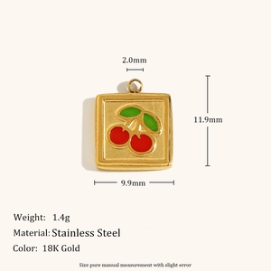 Detail of 18K gold plated square pendant with cherry enamel and technical dimensions