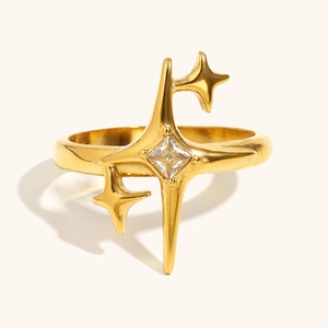 Ins Fashion North Star Zirconia Stainless Steel Ring 18K Gold Plated Minimalist Geometric Starburst Ring Jewelry For Women