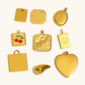 Gold 18K plated stainless steel geometric pendants with red cherry enamel and engraving