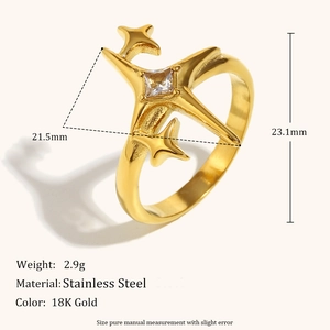 Stainless steel 18K gold star ring with square zircon stone and multi-star design