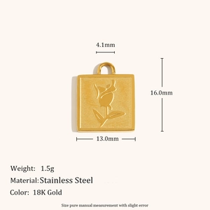 18K gold plated stainless steel square pendant with embossed rose flower design and loop