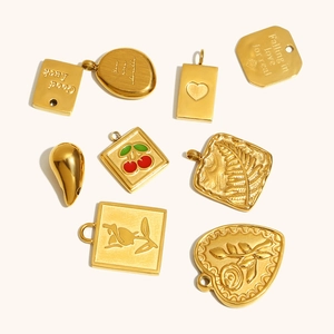 18K gold plated stainless steel cherry heart and geometric pendants set for jewelry making