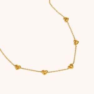 Chic 18K gold plated stainless steel necklace with five minimalist heart-shaped charms
