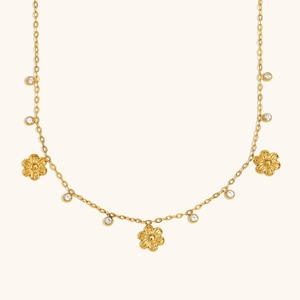 Collar de acero inoxidable chapado en oro de 18K con flores y piedras de circón