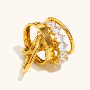 Französischer Minimalistischer Edelstahl Mehrschichtiger Ineinandergreifender Ring Vergoldet Strass Pavé Geometrischer Stapelbarer Ring Für Damen