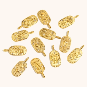 18K gold plated stainless steel 12 zodiac pendants set with embossed symbols and rhinestones