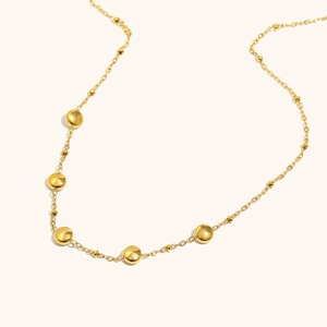 18K gold plated stainless steel chain necklace featuring five smooth metallic round beads