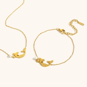 18K vergoldetes Edelstahl Halskette und Armband Set mit Perlen-Meerjungfrau Anhängern