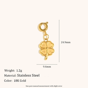 Detail view of 18K gold plated stainless steel four-leaf clover pendant with dimensions