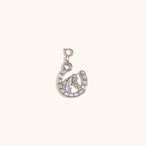 Polished silver horseshoe pendant with horse head relief and spring ring clasp connector