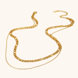 Collier double rang plaqué or 18 carats avec maille Figaro et chaîne à perles