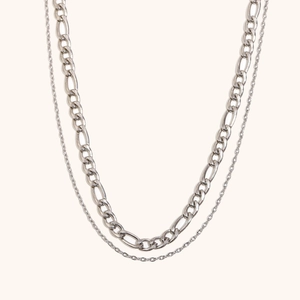 Collier double couche argenté avec chaîne Figaro épaisse et chaîne fine en acier inoxydable