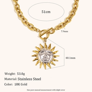 18K gold plated stainless steel chunky chain necklace with a sun face pendant charm