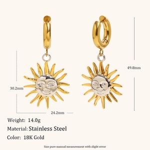 Detailed size specifications for 18K gold plated stainless steel sun face earrings