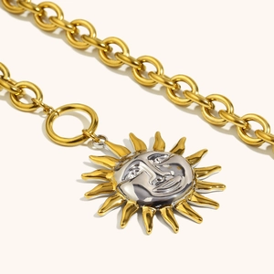 18K gold plated sun face pendant necklace with bold two-tone chain for women