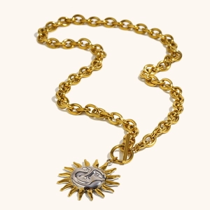 18K gold plated stainless steel chunky chain necklace with sun face pendant and OT toggle clasp