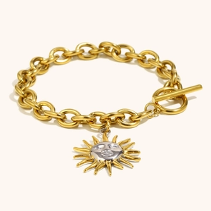18K gold plated stainless steel sun pendant necklace with OT clasp and embossed face
