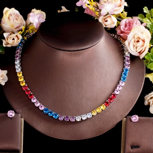 Collar Tennis Circonia Arcoíris Y Pendientes Cobre Chapado Oro Hip Hop Joyas Lujo Para Mujeres Boda Fiesta Regalo