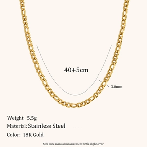 Detailed size specifications for a 3mm 18K gold-plated stainless steel Figaro chain necklace