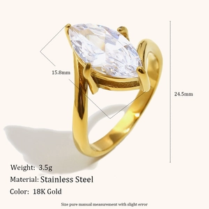 Anillo de corte marquesa en acero inoxidable chapado en oro de 18K con dimensiones