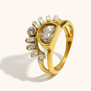 Anillo de Doble Capa de Sol de Acero Inoxidable Vintage para Mujer Chapado en Oro Strass Geométrico Joyería de Moda