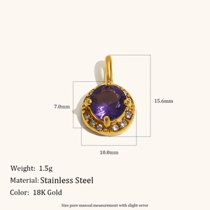 18K gold plated stainless steel pendant with purple round zircon including dimensions