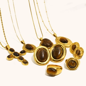Vintage Schmuckset aus 18K vergoldetem Edelstahl mit natürlichen Tigerauge-Edelsteinen
