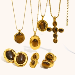 Edelstahl 18K Vergoldet Tigerauge Halskette Ohrringe Ring Französisch Vintage Oval Kreuz Schmuck Für Damen