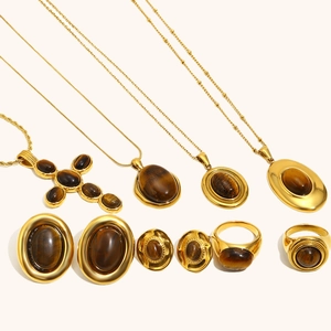 Vintage-Schmuckset aus 18K vergoldetem Edelstahl mit ovalen Tigerauge-Steinanhängern