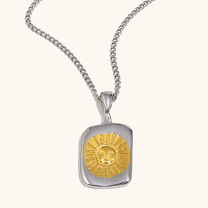 Collier bicolore en acier inoxydable avec pendentif soleil rectangulaire plaqué or 18 carats