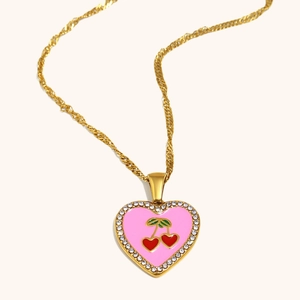 18K gold plated necklace with heart pendant, pink enamel and cherry motif with crystals