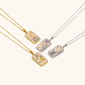 Collier pendentif zodiaque en acier inoxydable plaqué or 18K avec cristaux colorés
