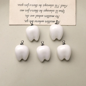 Set of 5 glossy white resin tooth charms with silver metal rings for DIY jewelry making