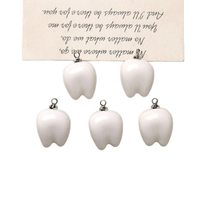 Set of 5 cute resin white tooth charms with silver loops for DIY earrings and crafts