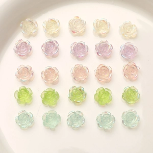 Detailed grid of 10mm iridescent resin rose charms in five pastel colors for DIY nail art