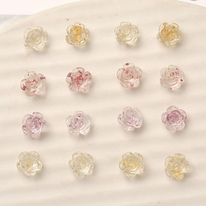 3D resin camellia flower nail charms with gold foil and rose petals for DIY nail art design