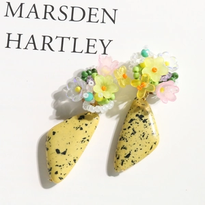 Artistic retro floral beaded earrings with ink-spattered yellow triangle stone pendants