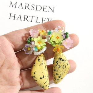 Handmade floral beaded earrings with vintage triangular marble pattern turquoise stone pendants