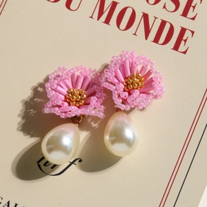 Pink beaded flower earrings with cream teardrop pearls and handmade woven floral details