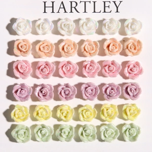 Detailed view of 36 pearl-finish resin roses in six pastel colors for DIY jewelry crafts