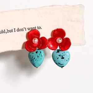 Retro flower earrings with red petals, pearls, and blue heart drops for jewelry making