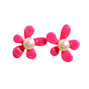 Pair of sweet pink flower stud earrings with pearl centers and resin petals on white background