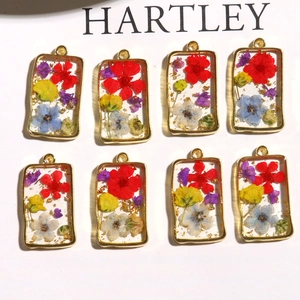 Vintage Forest Style Alloy Resin Dried Flower Rectangle Pendant For DIY Jewelry Making Handmade Botanical Floral Charm