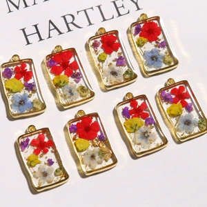 Rectangular alloy resin pendants with colorful dried flowers and gold foil accents