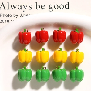 Set of 12 miniature resin bell pepper charms in red, yellow, and green for DIY jewelry
