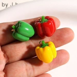 Miniature 3D resin bell pepper charms in red yellow green with gold hanging rings