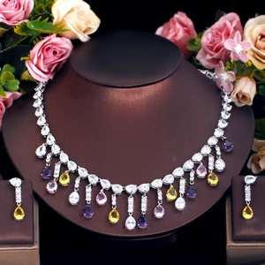 Lujo Cobre Colorido Circonia Borla Collar Pendientes Para Mujer Fiesta Boda Diseñador Estilo Joyería Accesorio