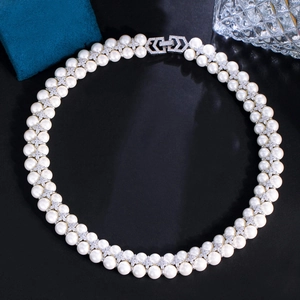 Double-strand freshwater pearl necklace with sparkling zircon cross spacers for women